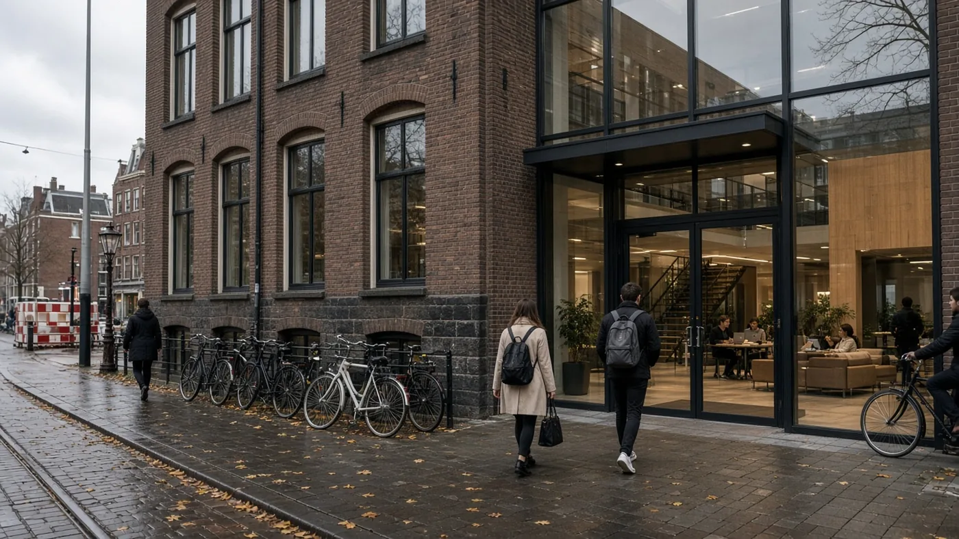 Moderne academy-entree aan de Wibautstraat in Amsterdam met fietsen en glazen gevel