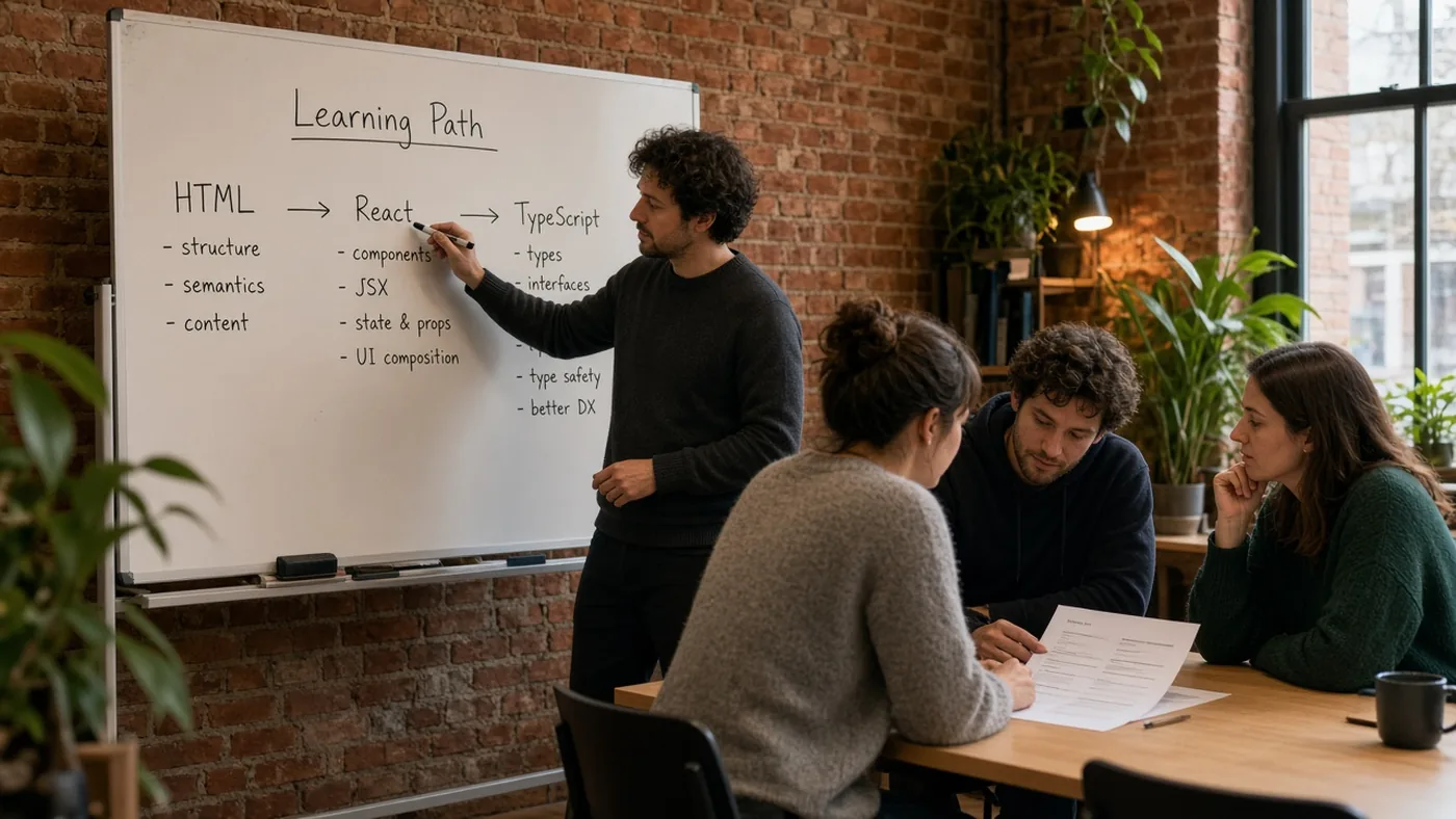 Docent tekent een leerpad van HTML naar React en TypeScript op een whiteboard in Amsterdam