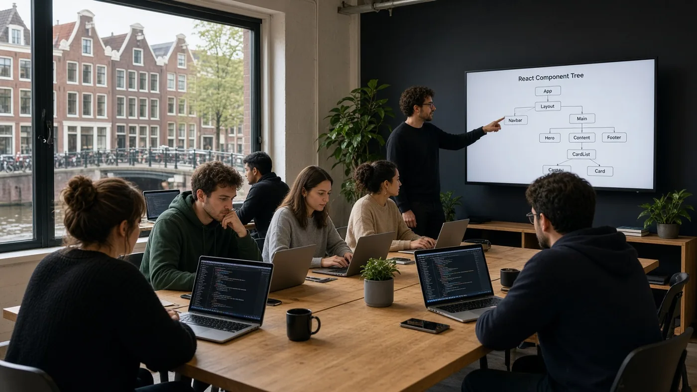 Cursisten leren React en TypeScript in een klein klaslokaal van de frontend academy in Amsterdam