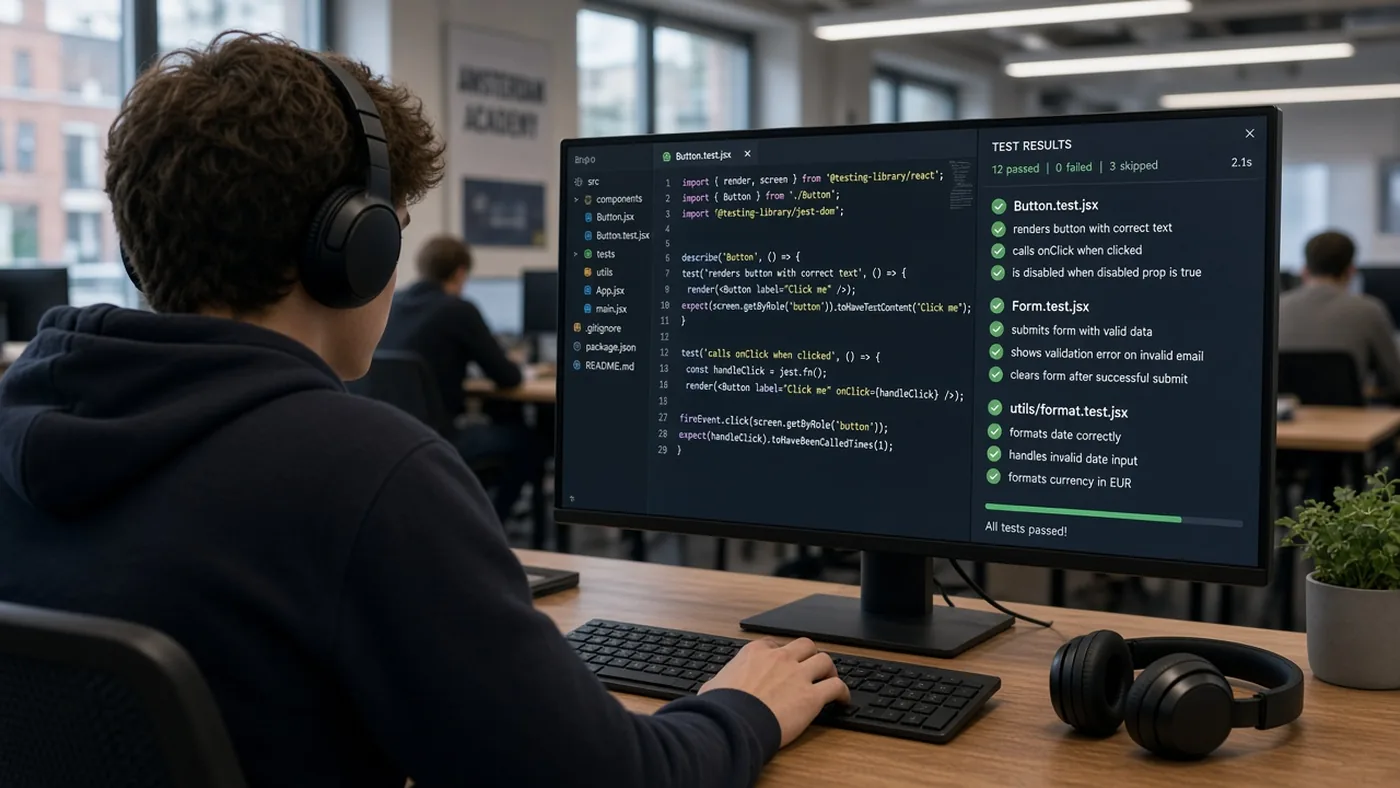 Cursist bekijkt slaagde frontend-tests naast een React-component in de academy in Amsterdam