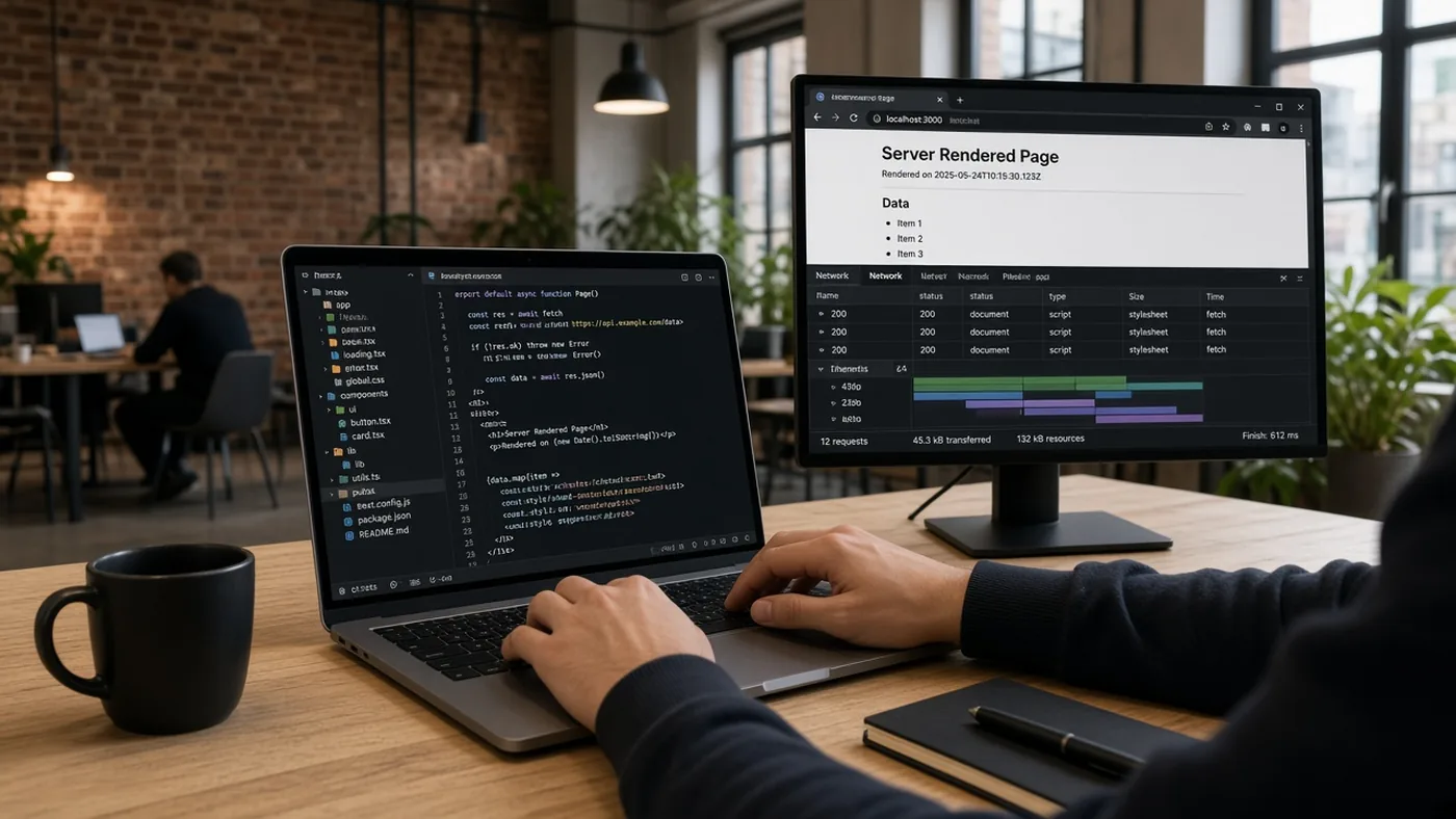 Cursist werkt aan een Next.js project met netwerk-tab open in de frontend academy in Amsterdam