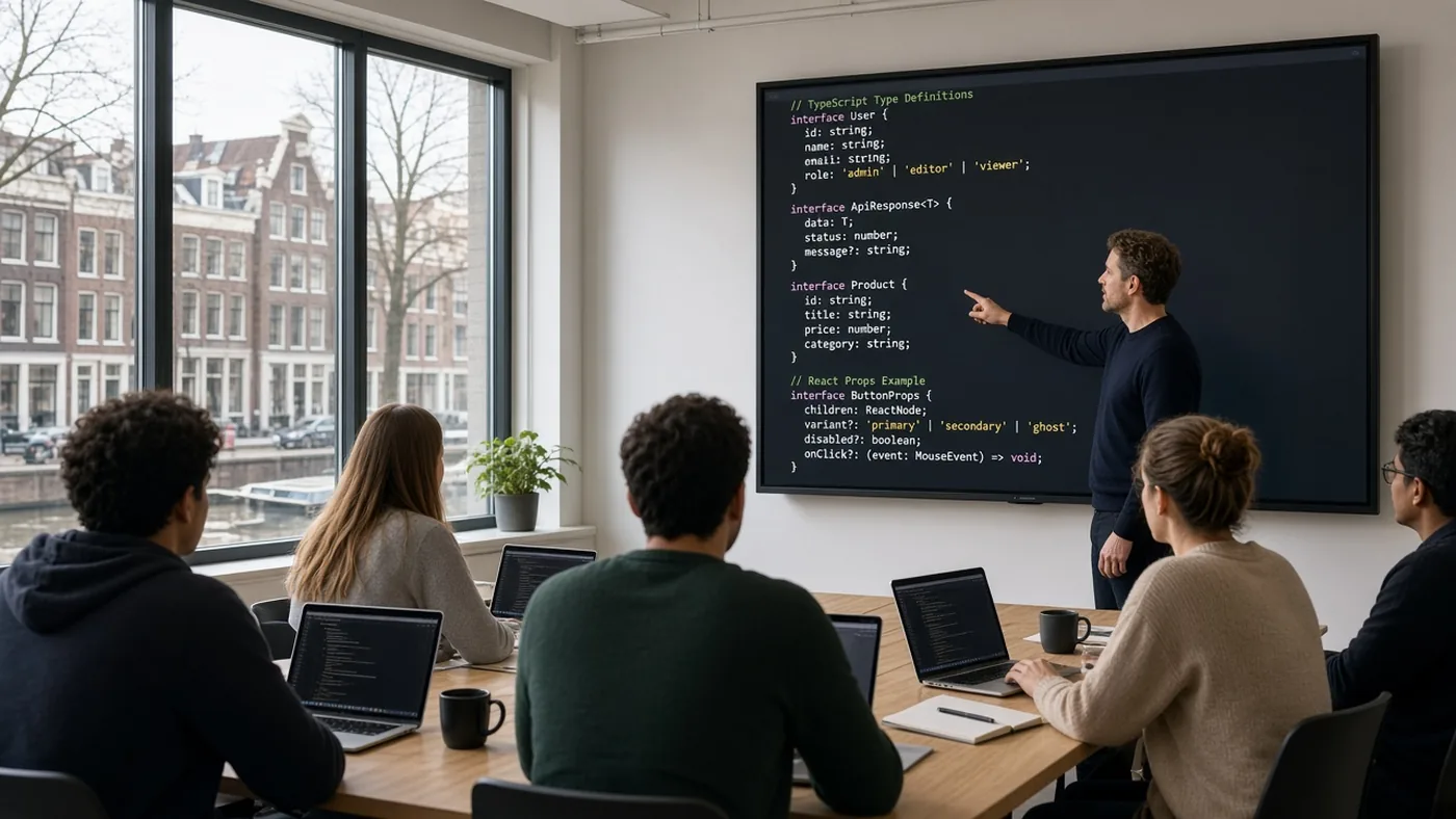 Docent wijst TypeScript interfaces aan op een scherm tijdens een frontend-cursus in Amsterdam
